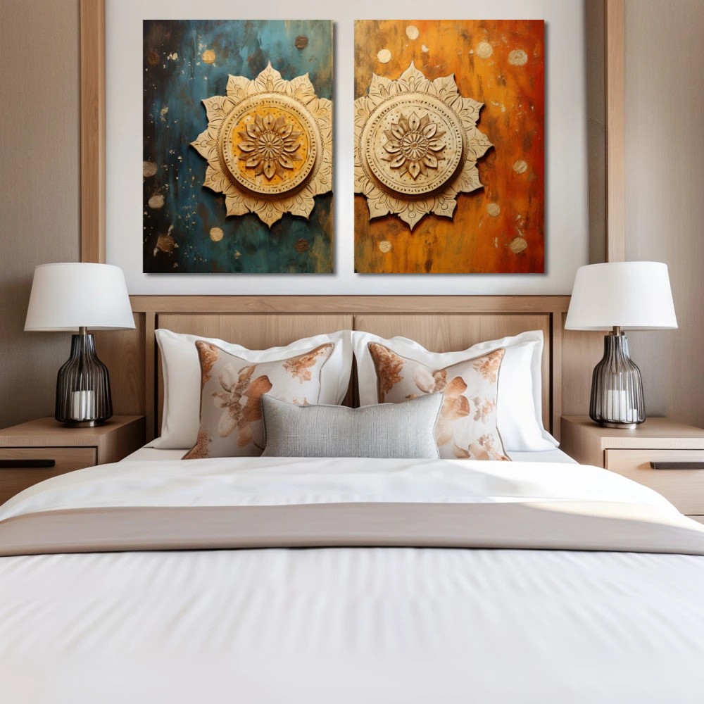 Cuadro dualidad simétrica en formato díptico con colores celeste, marrón, naranja; decorando pared de habitación dormitorio