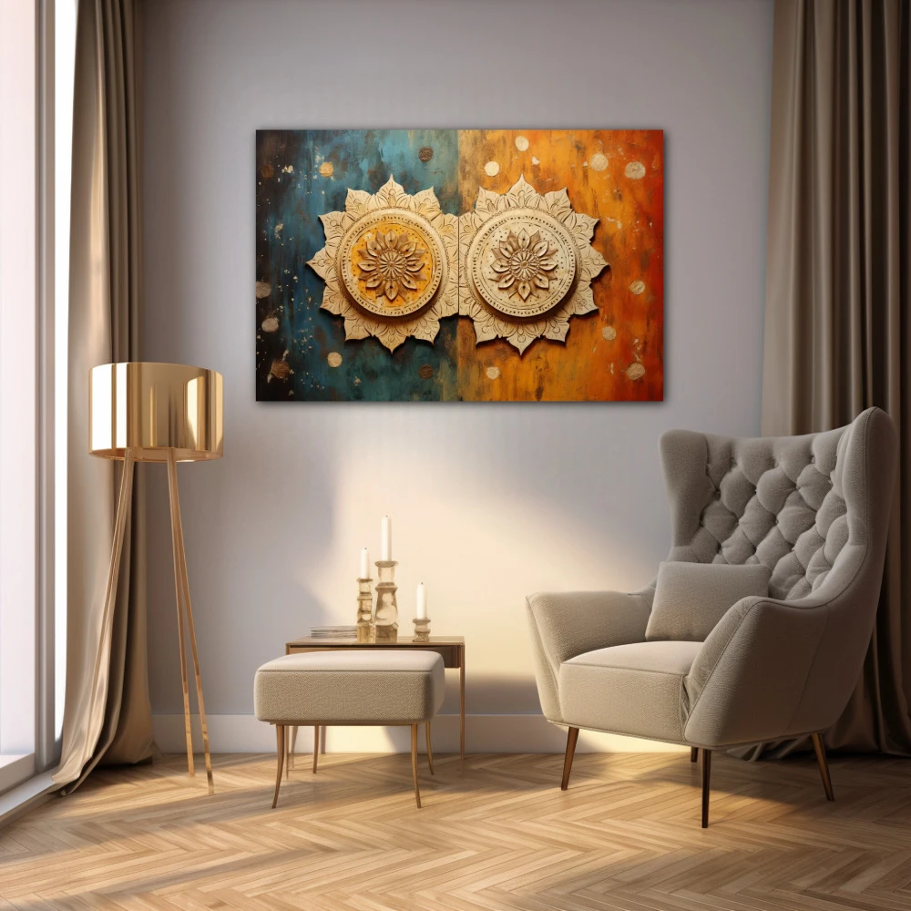 Cuadro dualidad simétrica en formato horizontal con colores celeste, marrón, naranja; decorando pared de salón comedor