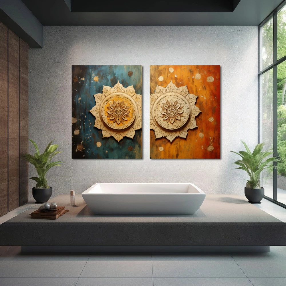 Cuadro dualidad simétrica en formato díptico con colores celeste, marrón, naranja; decorando pared de spa