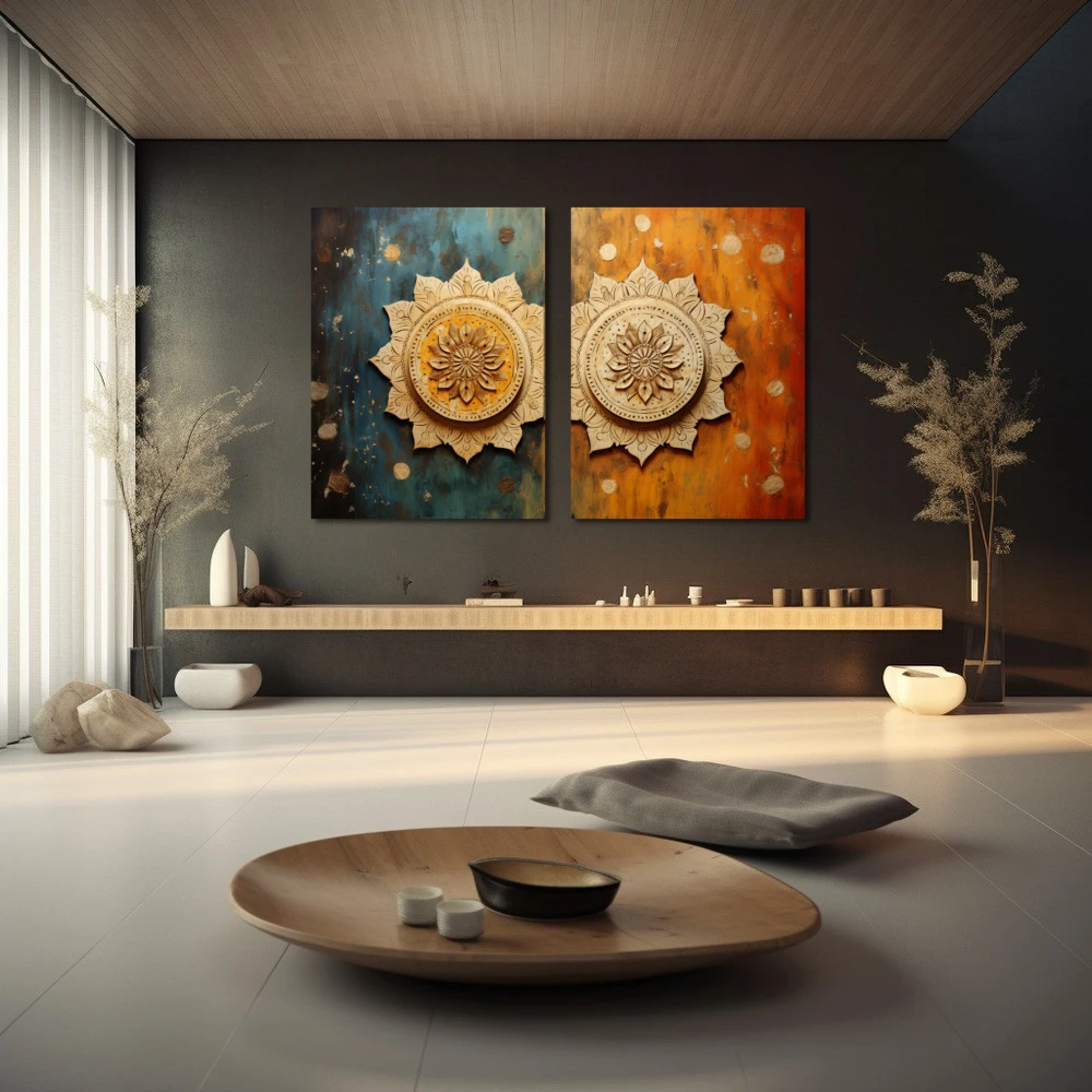 Wall Art titled: Symmetrical Duality in a Horizontal format with: Sky blue, Brown, and Orange Colors; Decoration the Wellbeing wall