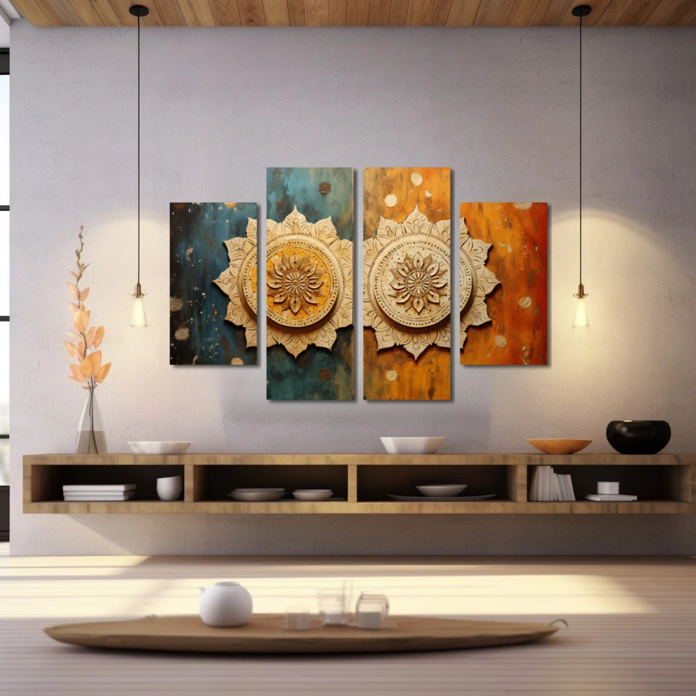 Wall Art titled: Symmetrical Duality in a Horizontal format with: Sky blue, Brown, and Orange Colors; Decoration the Wellbeing wall