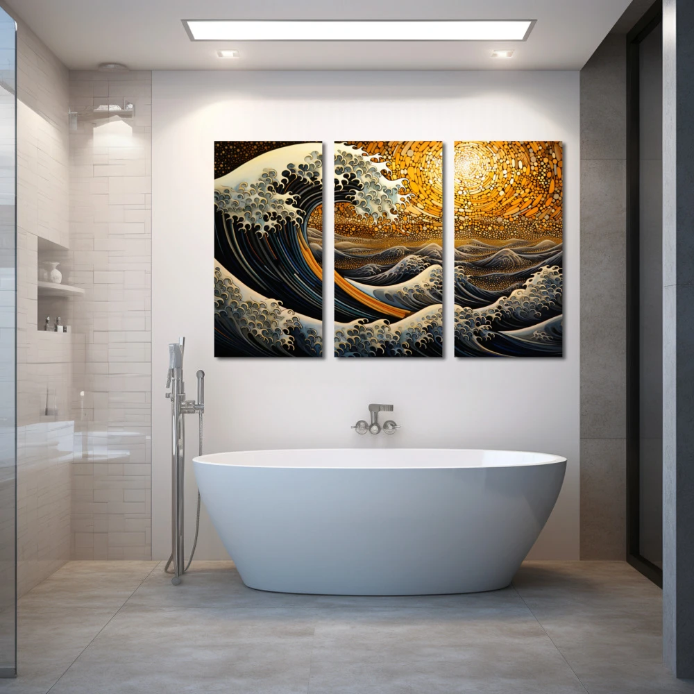 Wall Art titled: Golden Wave in a Horizontal format with: Yellow, Blue, and Orange Colors; Decoration the Bathroom wall