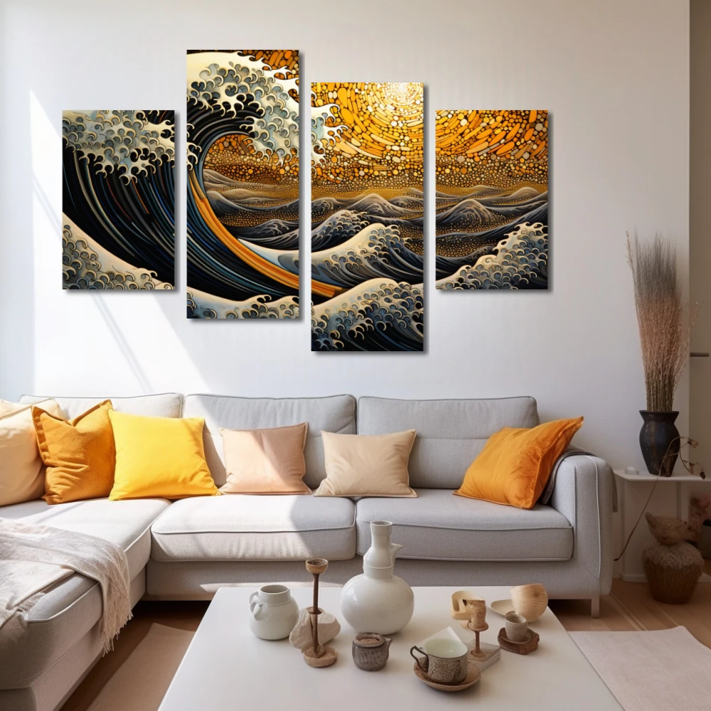 Wall Art titled: Golden Wave in a Horizontal format with: Yellow, Blue, and Orange Colors; Decoration the White Wall wall