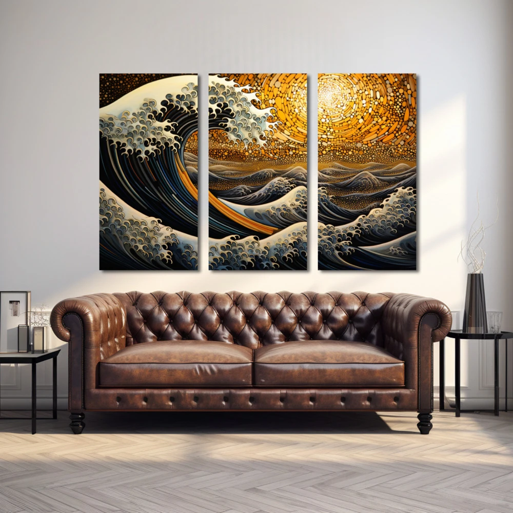 Wall Art titled: Golden Wave in a Horizontal format with: Yellow, Blue, and Orange Colors; Decoration the Above Couch wall