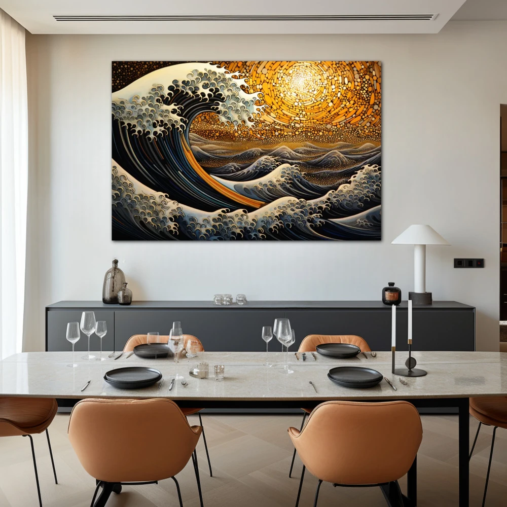 Wall Art titled: Golden Wave in a Horizontal format with: Yellow, Blue, and Orange Colors; Decoration the Living Room wall
