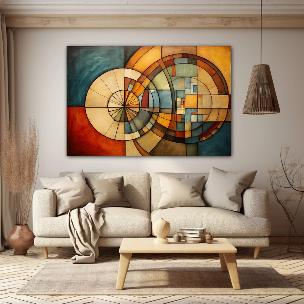 Wall Art titled: Circular Labyrinth in a Horizontal format with: Brown, Orange, and Beige Colors; Decoration the Beige Wall wall