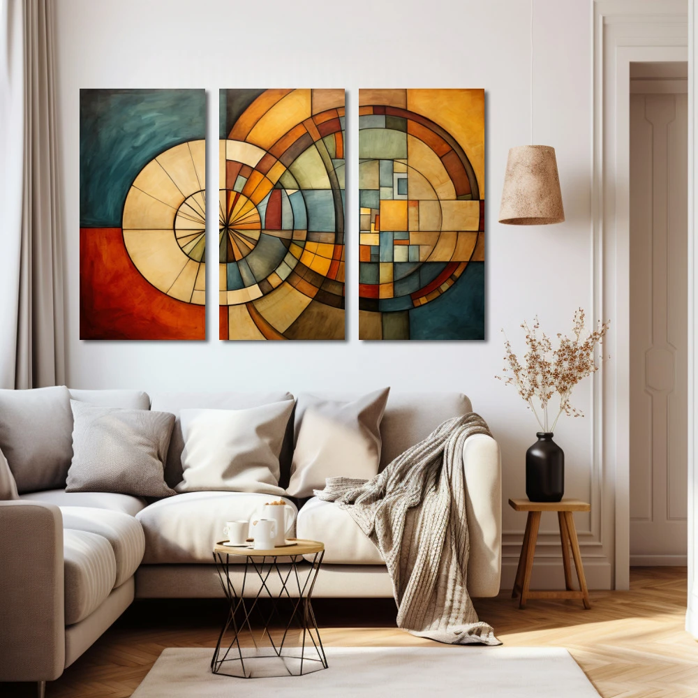 Wall Art titled: Circular Labyrinth in a Horizontal format with: Brown, Orange, and Beige Colors; Decoration the Beige Wall wall