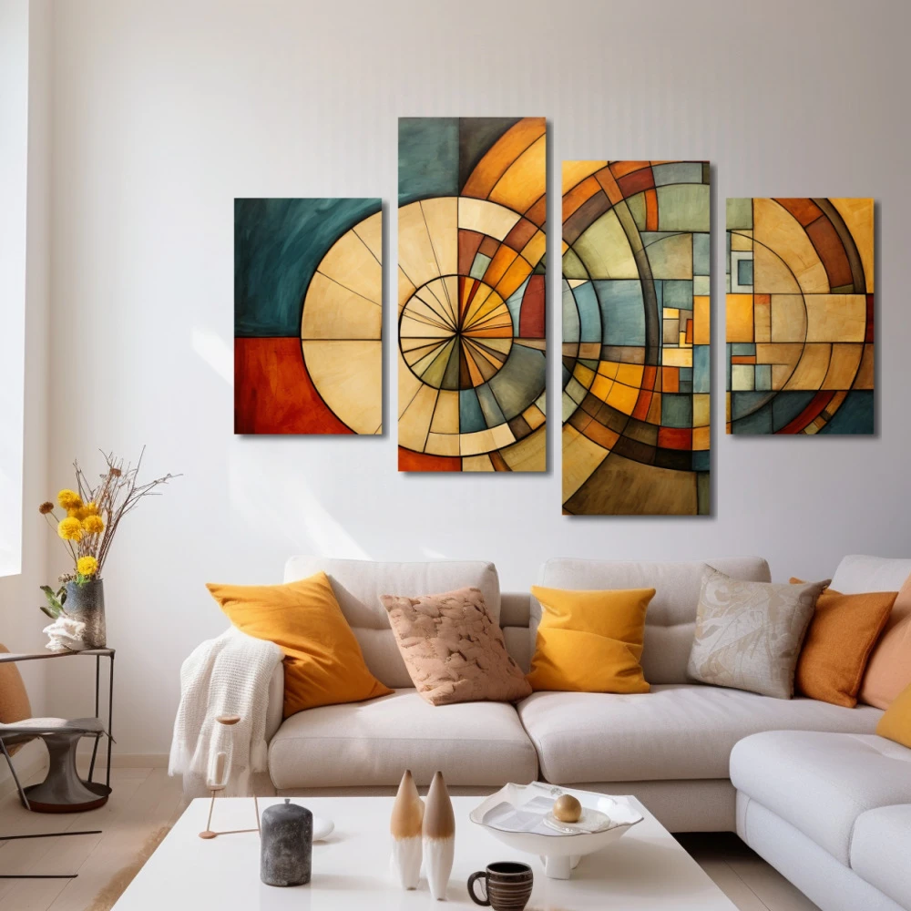Wall Art titled: Circular Labyrinth in a Horizontal format with: Brown, Orange, and Beige Colors; Decoration the White Wall wall
