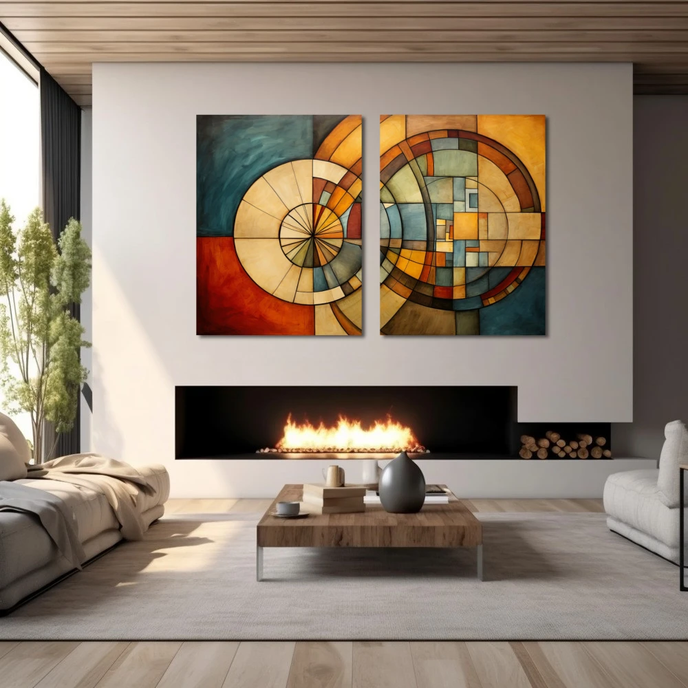 Wall Art titled: Circular Labyrinth in a Horizontal format with: Brown, Orange, and Beige Colors; Decoration the Fireplace wall