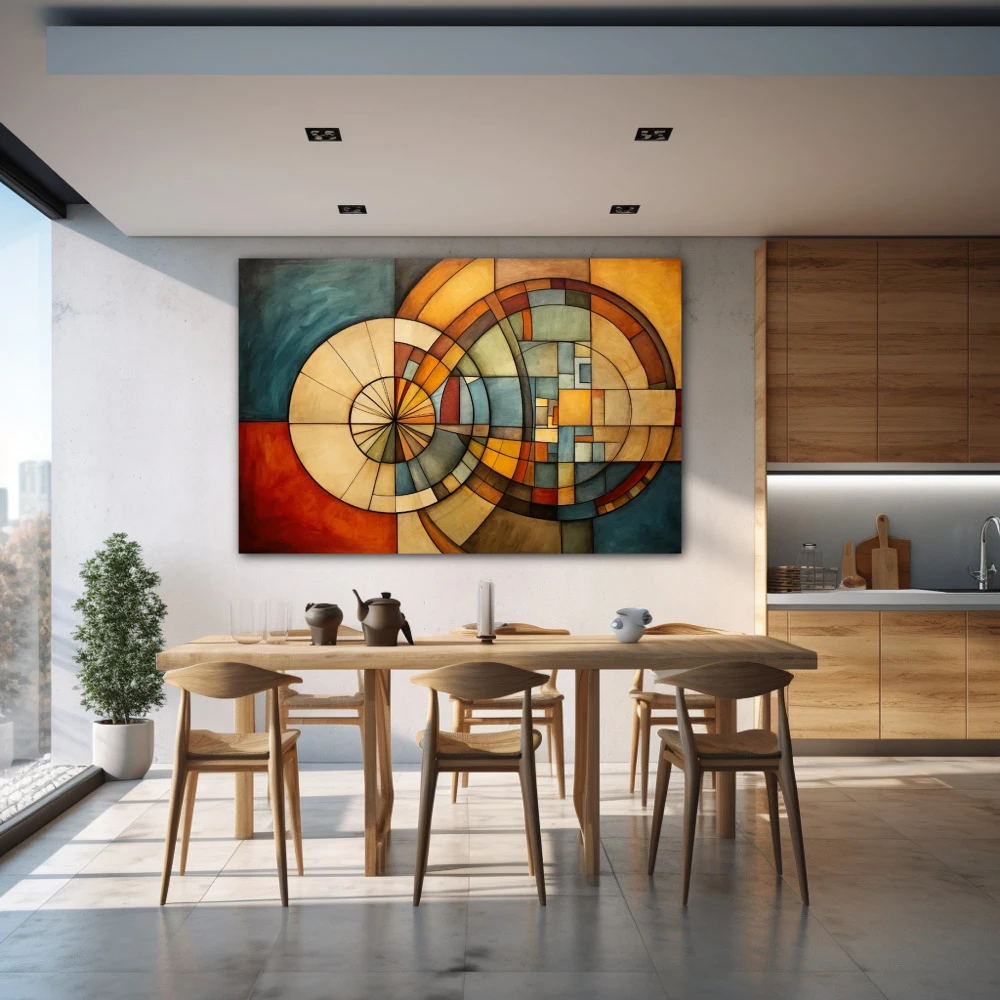 Wall Art titled: Circular Labyrinth in a Horizontal format with: Brown, Orange, and Beige Colors; Decoration the Kitchen wall