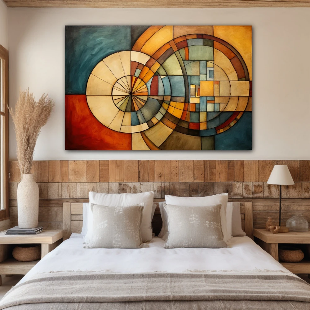 Wall Art titled: Circular Labyrinth in a Horizontal format with: Brown, Orange, and Beige Colors; Decoration the Bedroom wall