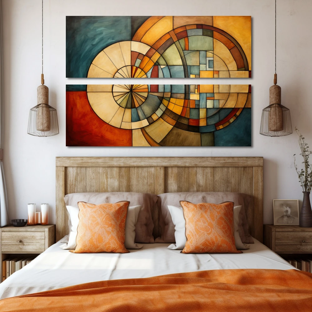 Wall Art titled: Circular Labyrinth in a Horizontal format with: Brown, Orange, and Beige Colors; Decoration the Bedroom wall