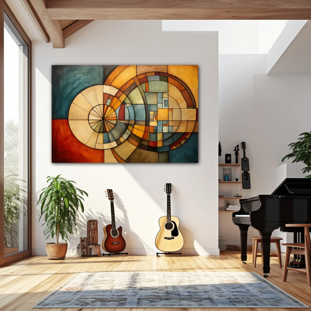 Wall Art titled: Circular Labyrinth in a Horizontal format with: Brown, Orange, and Beige Colors; Decoration the Living Room wall