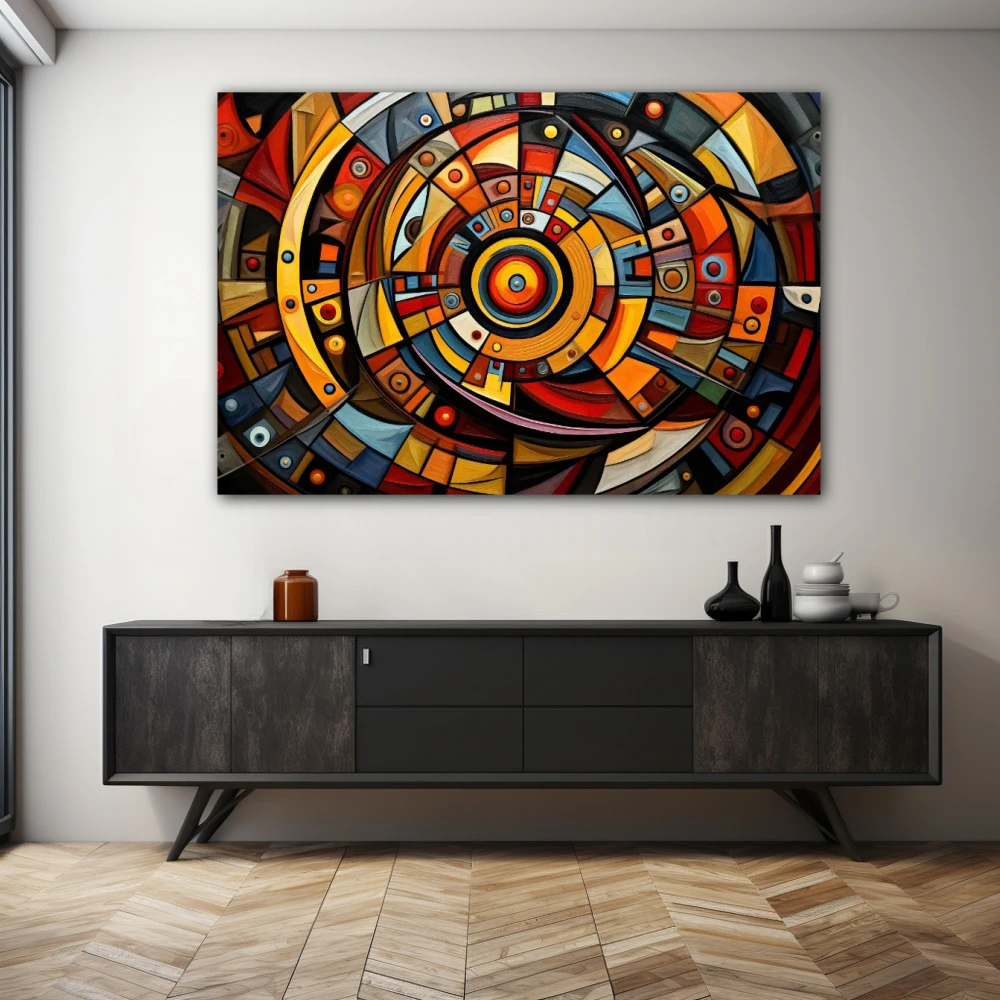 Wall Art titled: The Cycles are Temporary in a Horizontal format with: Blue, Orange, and Vivid Colors; Decoration the Sideboard wall
