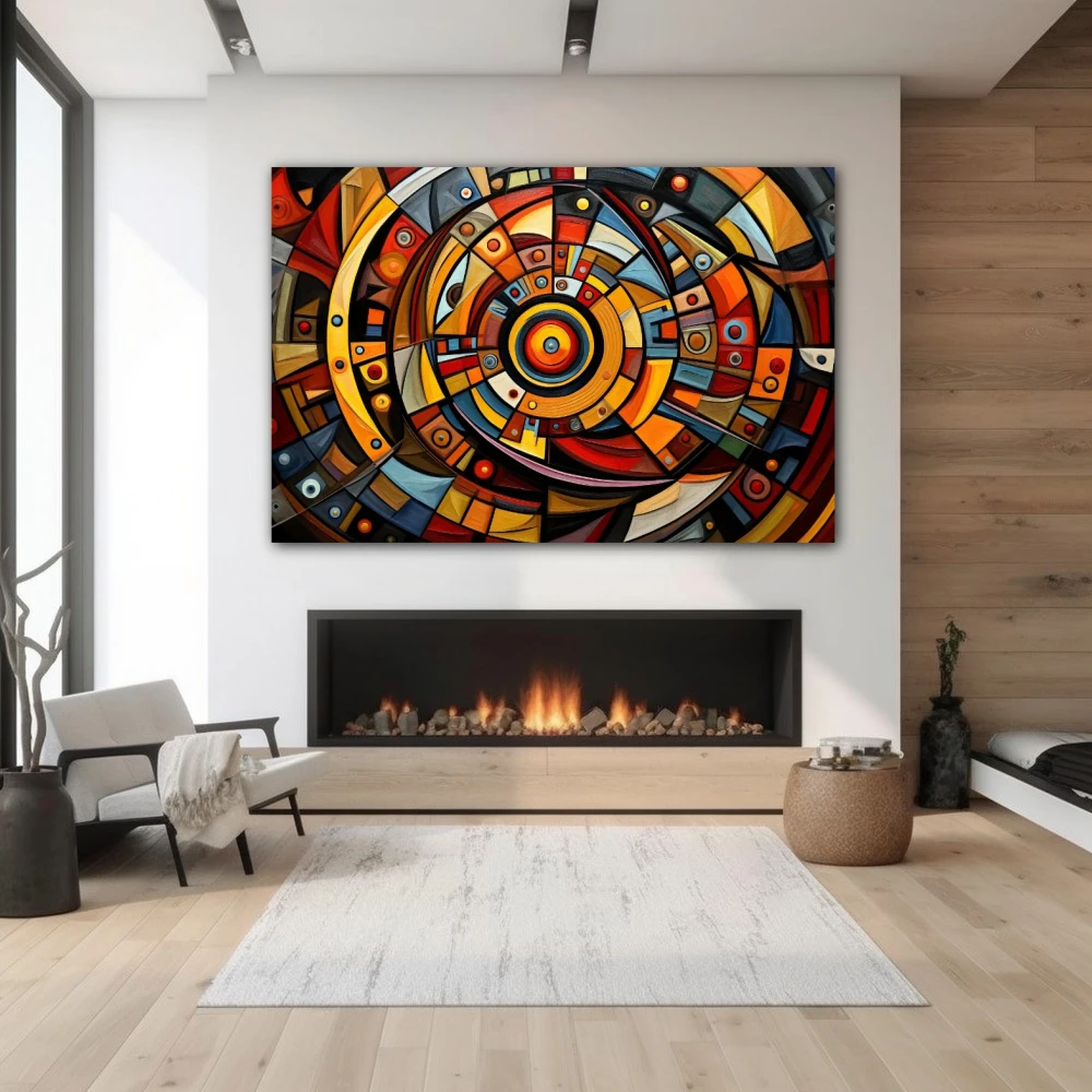 Wall Art titled: The Cycles are Temporary in a Horizontal format with: Blue, Orange, and Vivid Colors; Decoration the Fireplace wall