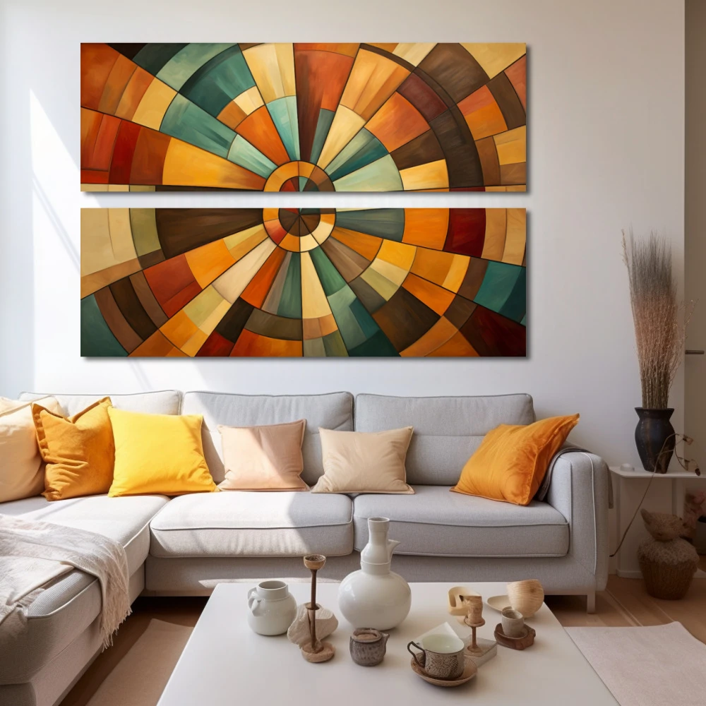 Wall Art titled: Chromatic Spiral Vortex in a Horizontal format with: Brown, Orange, and Beige Colors; Decoration the White Wall wall