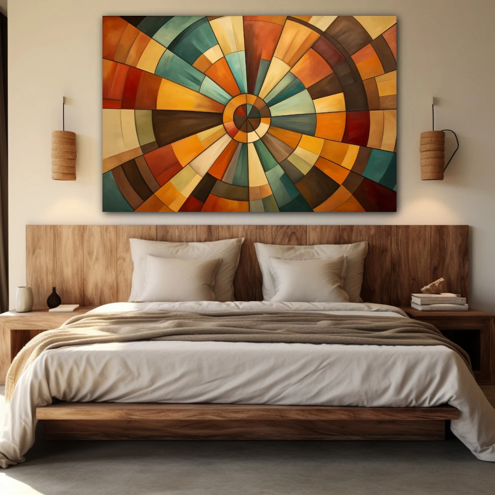 Cuadro vórtice cromático en espiral en formato horizontal con colores marrón, naranja, beige; decorando pared de habitación dormitorio