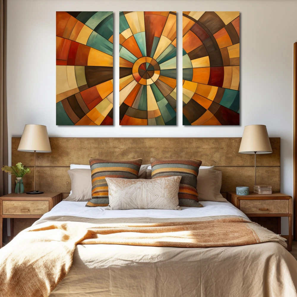 Cuadro vórtice cromático en espiral en formato tríptico con colores marrón, naranja, beige; decorando pared de habitación dormitorio