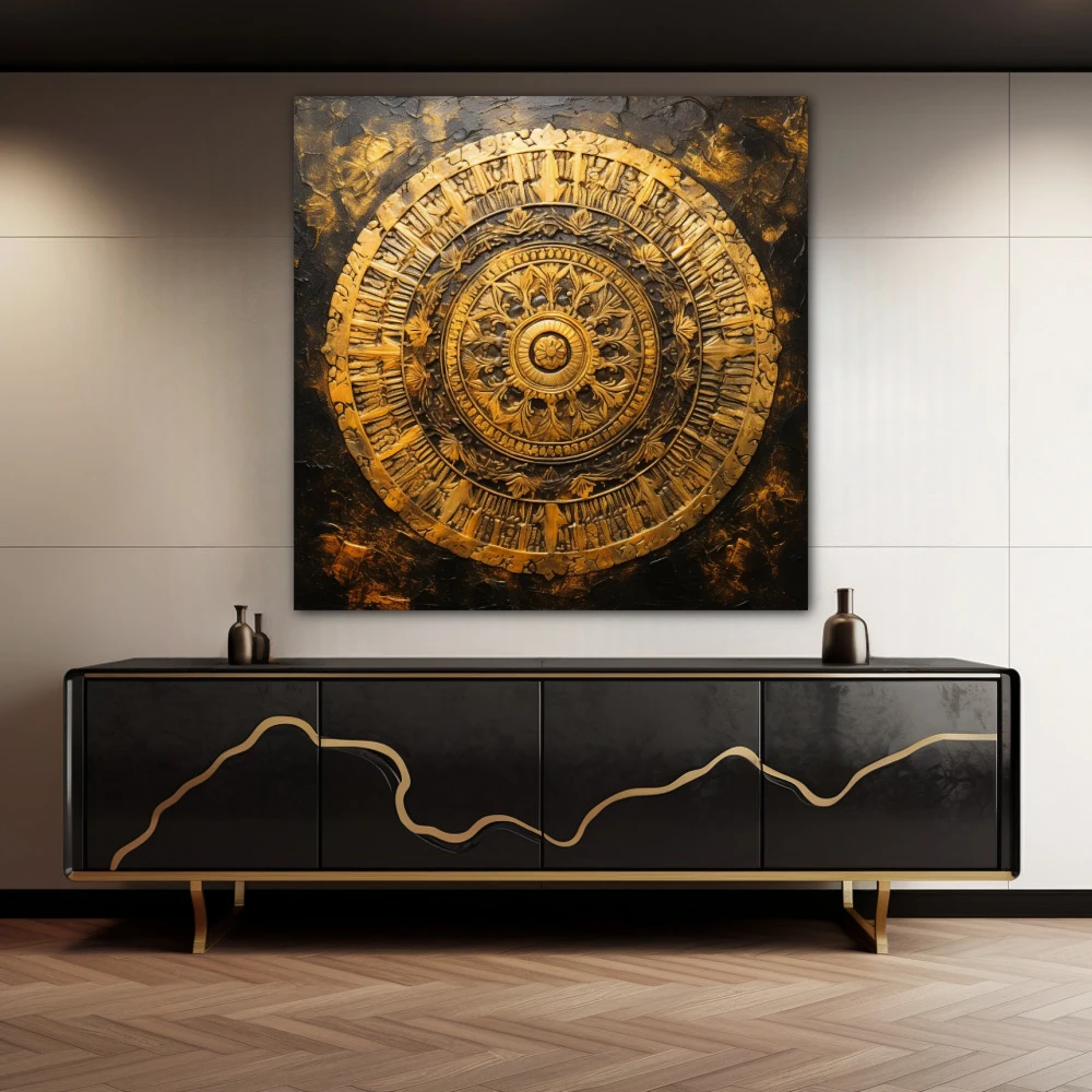 Wall Art titled: Fractal of Consciousness in a Square format with: Golden, and Brown Colors; Decoration the Sideboard wall