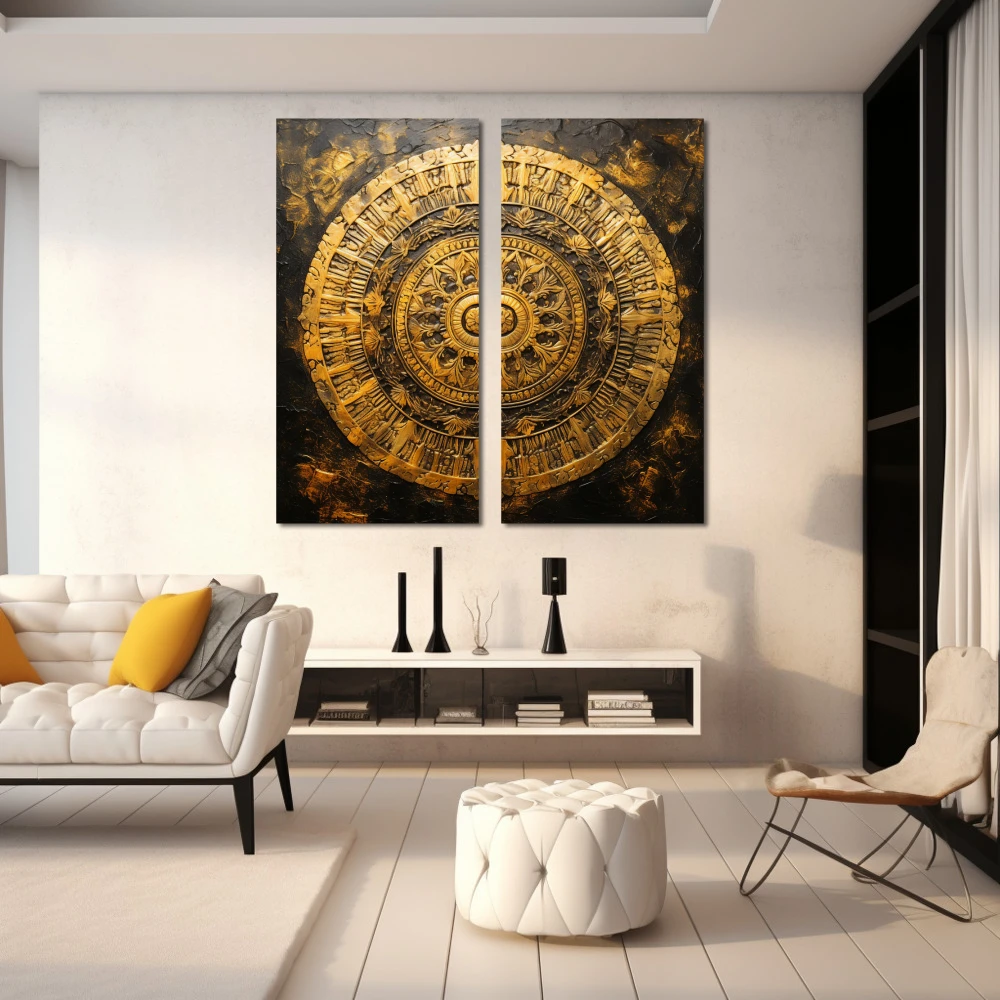Cuadro fractal de la conciencia en formato díptico con colores dorado, marrón; decorando pared blanca