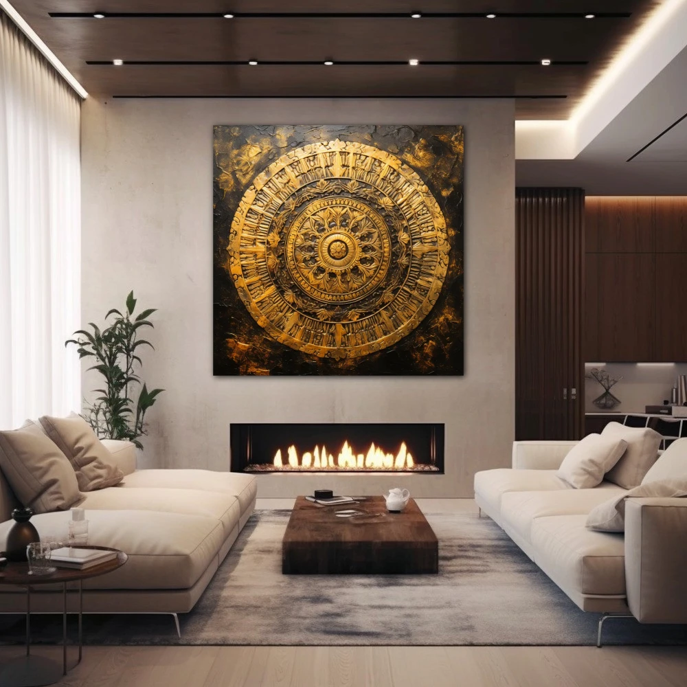 Cuadro fractal de la conciencia en formato cuadrado con colores dorado, marrón; decorando pared de chimenea