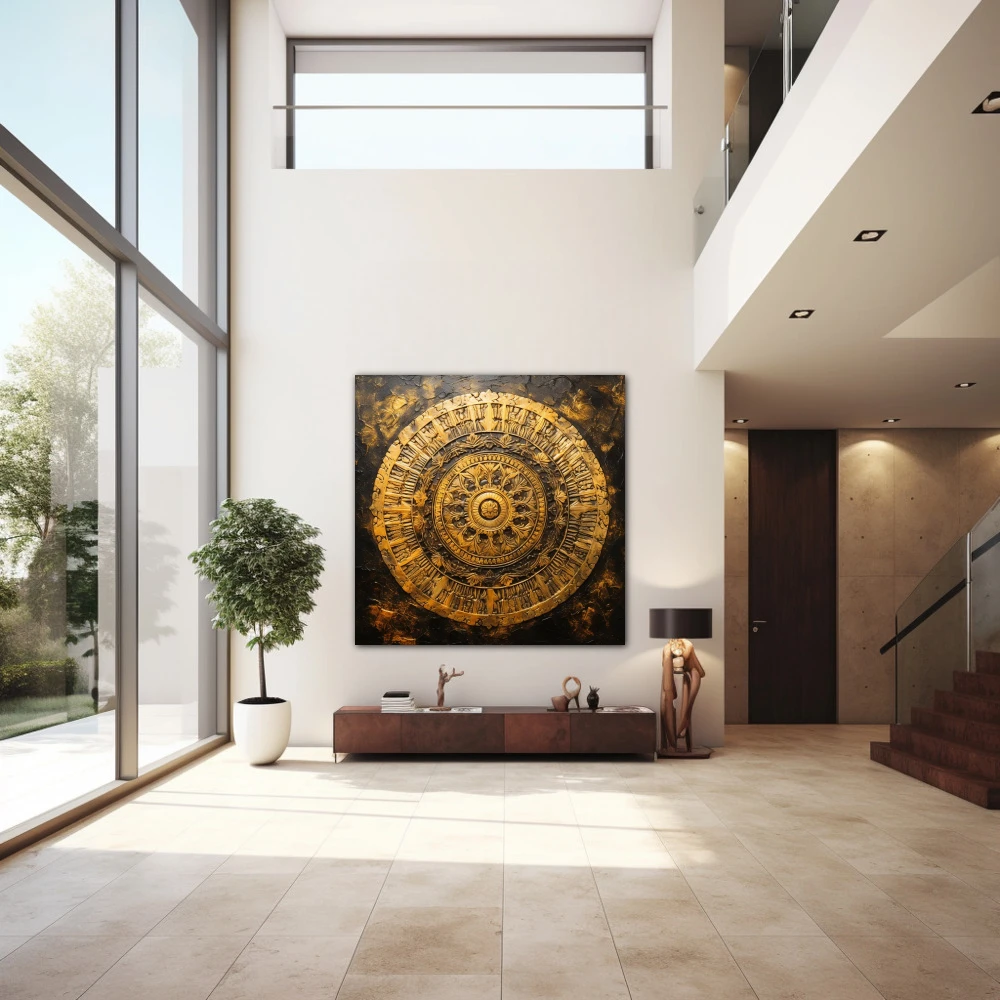 Cuadro fractal de la conciencia en formato cuadrado con colores dorado, marrón; decorando pared de entrada y recibidor