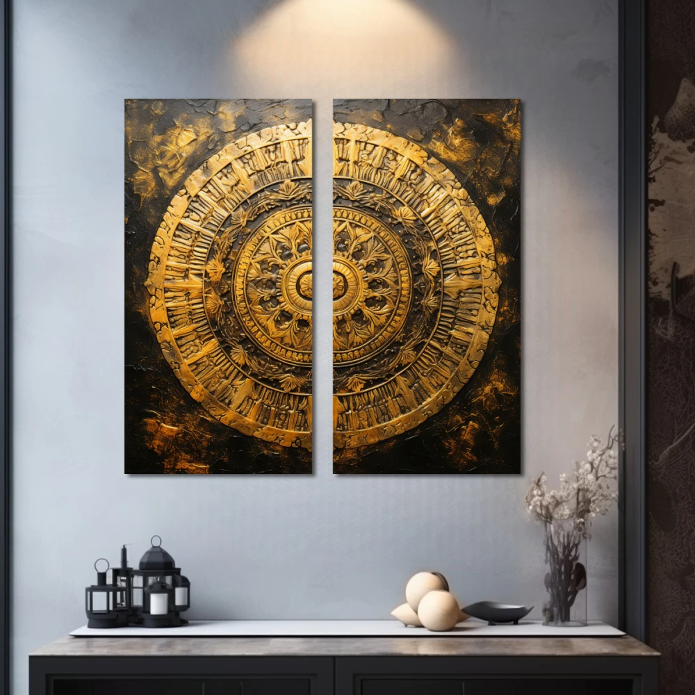 Cuadro fractal de la conciencia en formato díptico con colores dorado, marrón; decorando pared gris