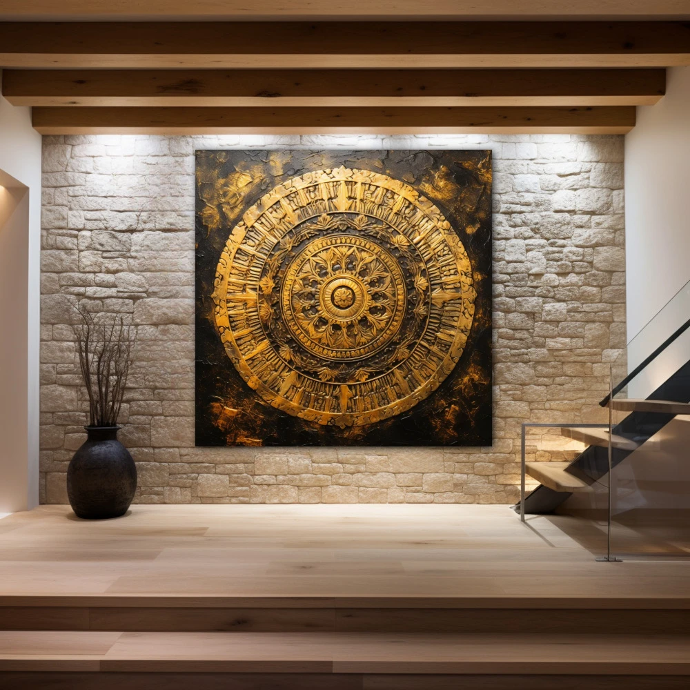 Cuadro fractal de la conciencia en formato cuadrado con colores dorado, marrón; decorando pared piedra