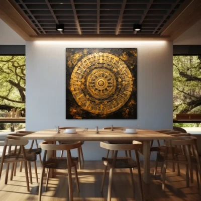 Wall Art titled: Fractal of Consciousness in a Square format with: Golden, and Brown Colors; Decoration the Restaurant wall