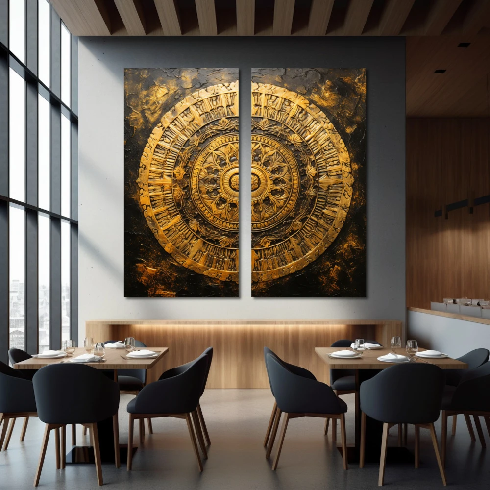 Cuadro fractal de la conciencia en formato díptico con colores dorado, marrón; decorando pared de restaurante