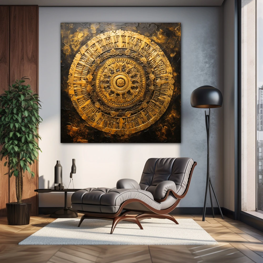 Cuadro fractal de la conciencia en formato cuadrado con colores dorado, marrón; decorando pared de salón comedor