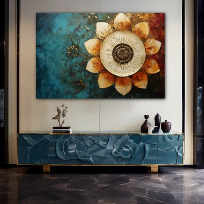 Wall Art titled: Spiritual Rebirth in a  format with: Sky blue, Golden, and Brown Colors; Decoration the Sideboard wall