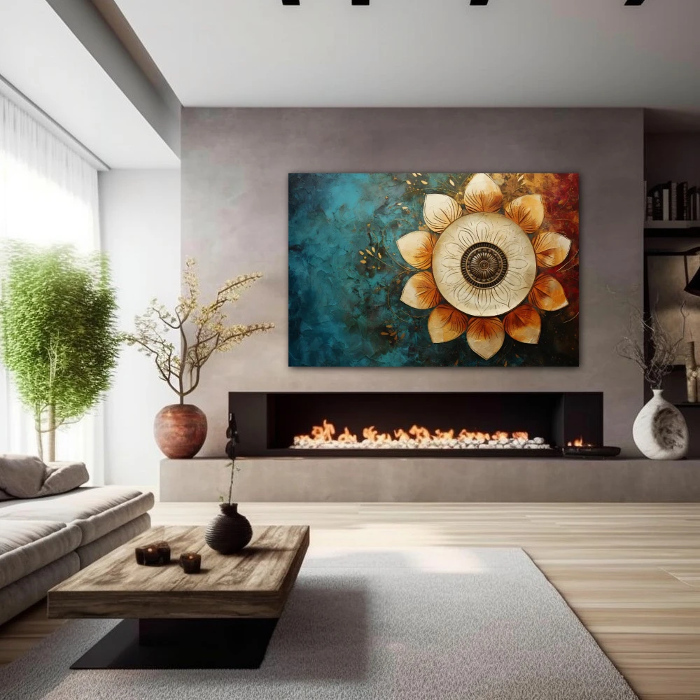 Wall Art titled: Spiritual Rebirth in a Horizontal format with: Sky blue, Golden, and Brown Colors; Decoration the Fireplace wall