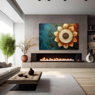 Wall Art titled: Spiritual Rebirth in a  format with: Sky blue, Golden, and Brown Colors; Decoration the Fireplace wall