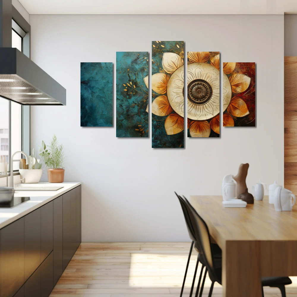 Wall Art titled: Spiritual Rebirth in a Horizontal format with: Sky blue, Golden, and Brown Colors; Decoration the Kitchen wall