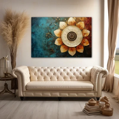 Wall Art titled: Spiritual Rebirth in a  format with: Sky blue, Golden, and Brown Colors; Decoration the Above Couch wall