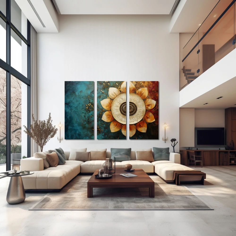 Wall Art titled: Spiritual Rebirth in a Horizontal format with: Sky blue, Golden, and Brown Colors; Decoration the Above Couch wall
