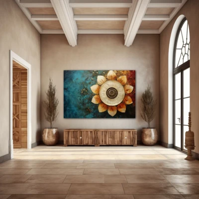 Wall Art titled: Spiritual Rebirth in a  format with: Sky blue, Golden, and Brown Colors; Decoration the Entryway wall