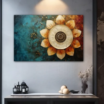 Wall Art titled: Spiritual Rebirth in a  format with: Sky blue, Golden, and Brown Colors; Decoration the Grey Walls wall