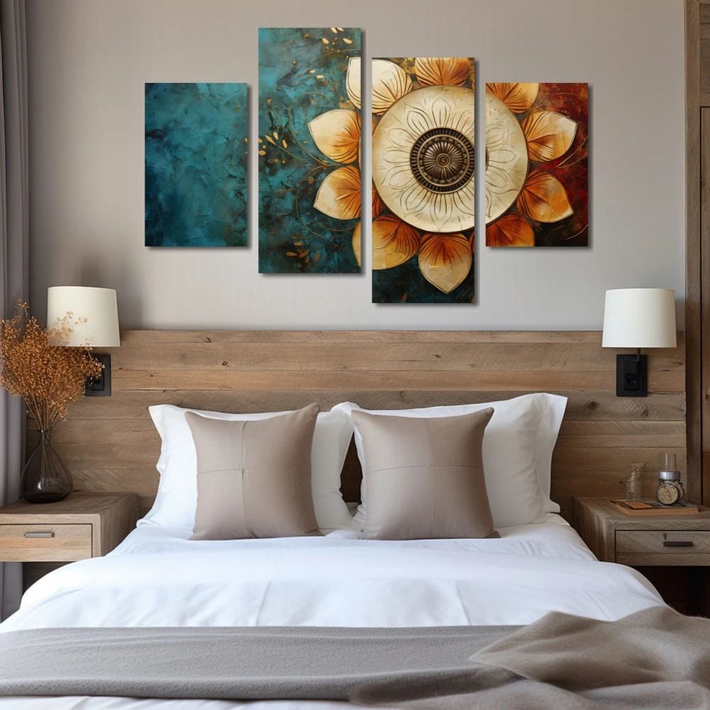 Cuadro renacer espiritual en formato políptico con colores celeste, dorado, marrón; decorando pared de habitación dormitorio