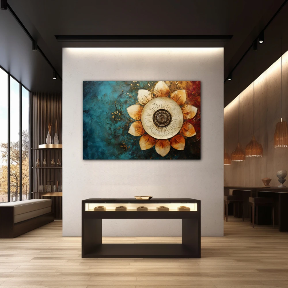 Wall Art titled: Spiritual Rebirth in a Horizontal format with: Sky blue, Golden, and Brown Colors; Decoration the Jewellery wall
