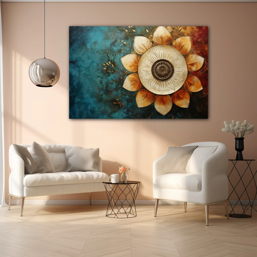 Wall Art titled: Spiritual Rebirth in a Horizontal format with: Sky blue, Golden, and Brown Colors; Decoration the Living Room wall