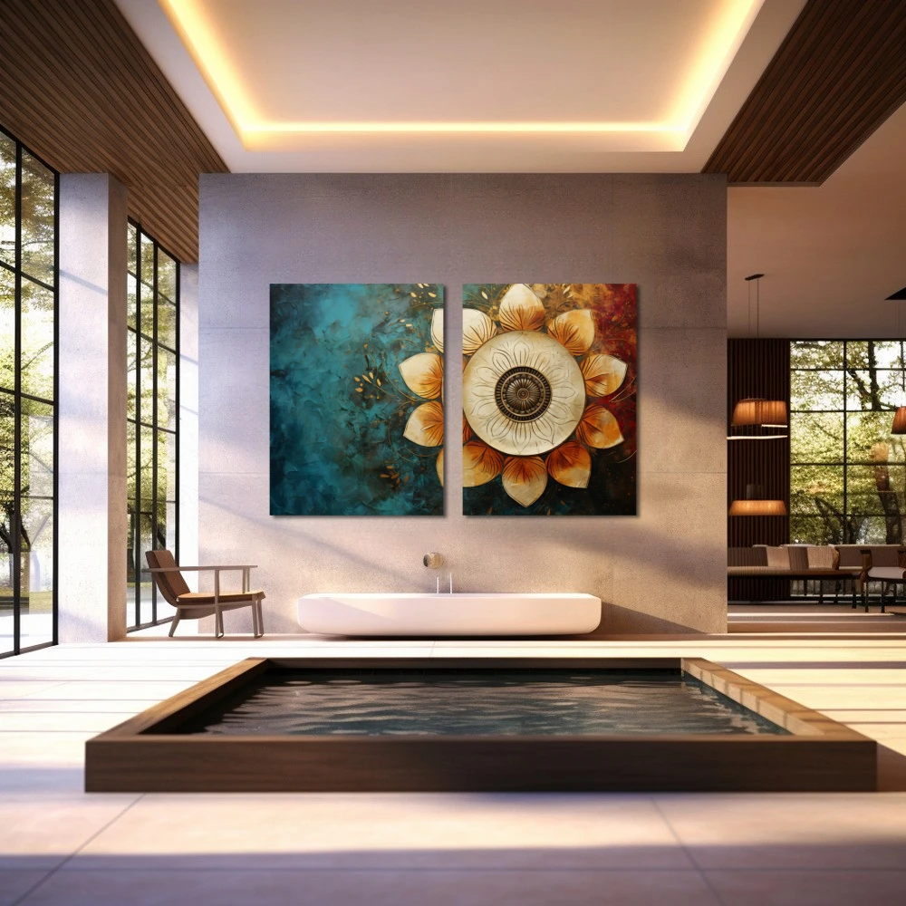 Wall Art titled: Spiritual Rebirth in a Horizontal format with: Sky blue, Golden, and Brown Colors; Decoration the Wellbeing wall