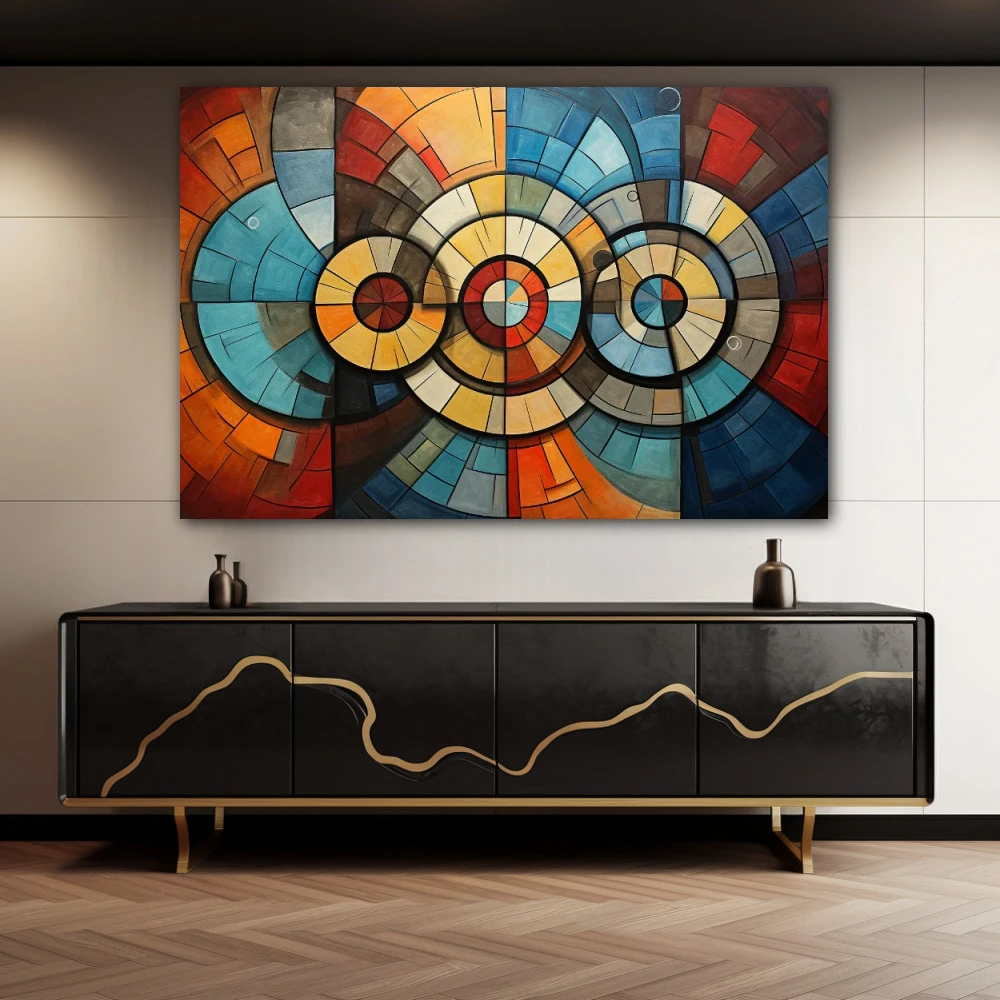 Wall Art titled: Internal Circular Dialogue in a Horizontal format with: Blue, Orange, and Vivid Colors; Decoration the Sideboard wall