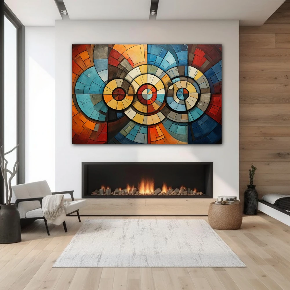 Wall Art titled: Internal Circular Dialogue in a Horizontal format with: Blue, Orange, and Vivid Colors; Decoration the Fireplace wall