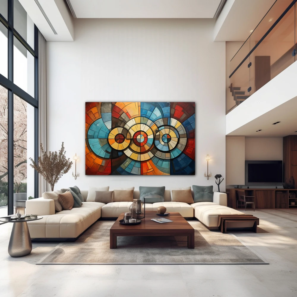 Wall Art titled: Internal Circular Dialogue in a Horizontal format with: Blue, Orange, and Vivid Colors; Decoration the Above Couch wall