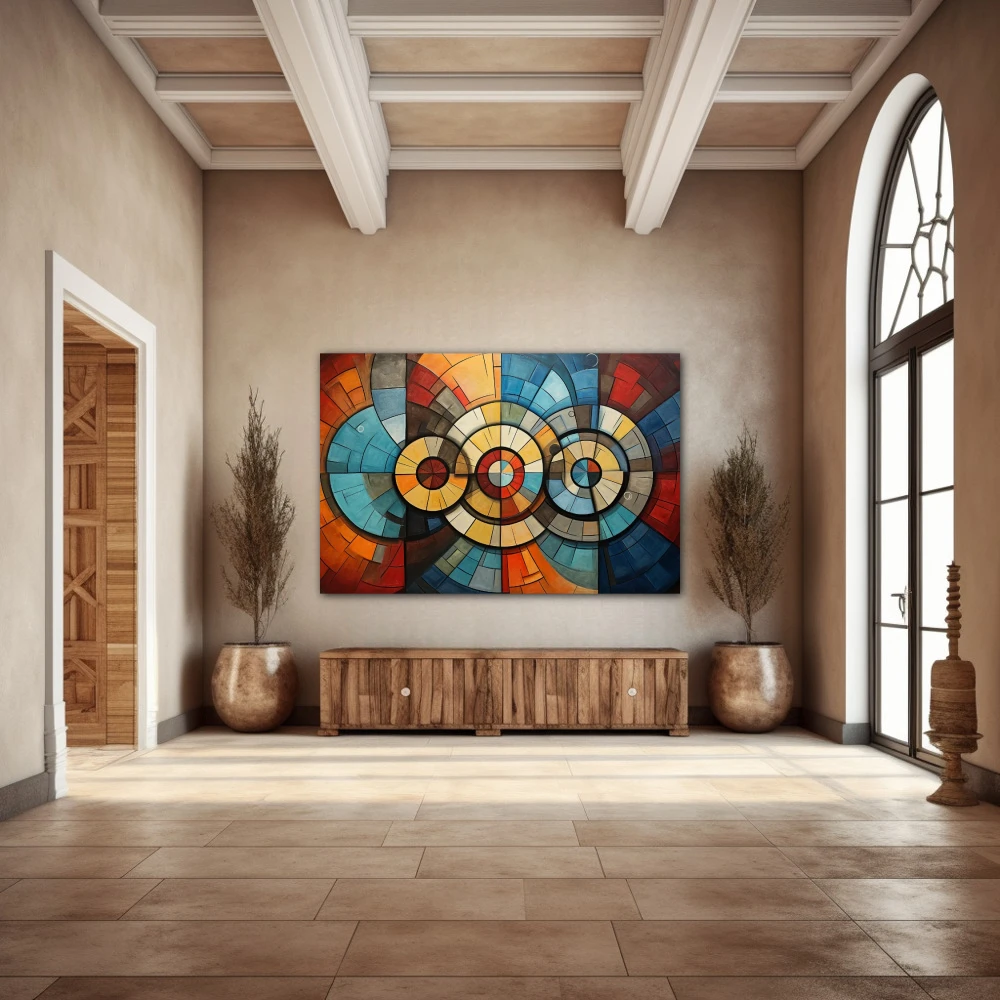 Wall Art titled: Internal Circular Dialogue in a Horizontal format with: Blue, Orange, and Vivid Colors; Decoration the Entryway wall