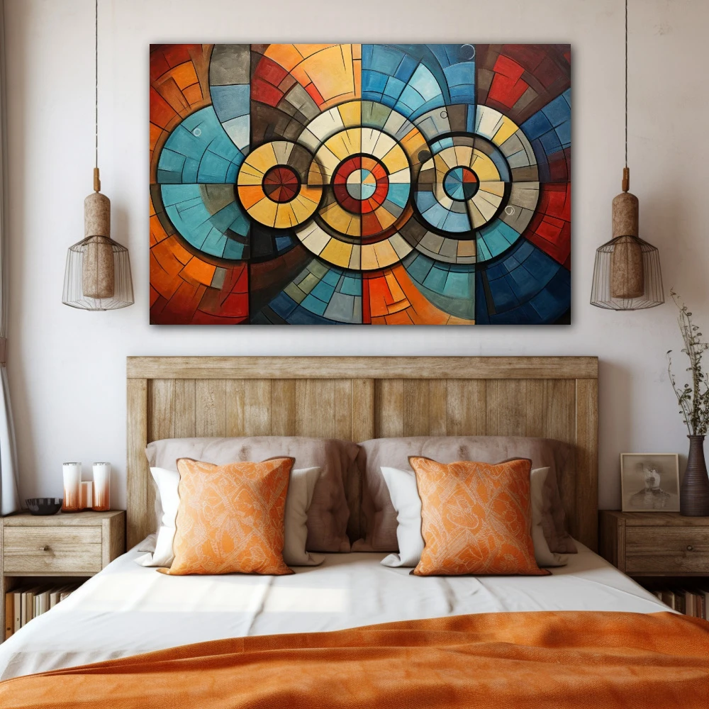 Cuadro diálogo interno circular en formato horizontal con colores azul, naranja, vivos; decorando pared de habitación dormitorio