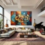 Wall Art titled: Internal Circular Dialogue in a Horizontal format with: Blue, Orange, and Vivid Colors; Decoration the Living Room wall