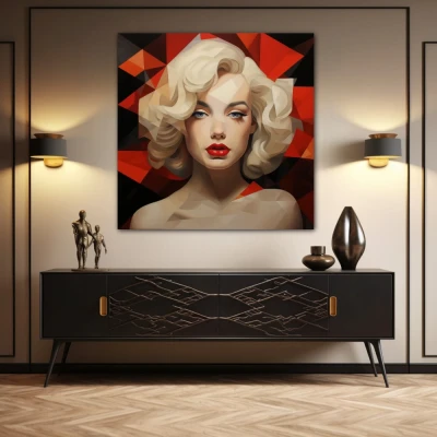 Wall Art titled: Eternal Seduction in a Square format with: Black, Red, and Beige Colors; Decoration the Sideboard wall